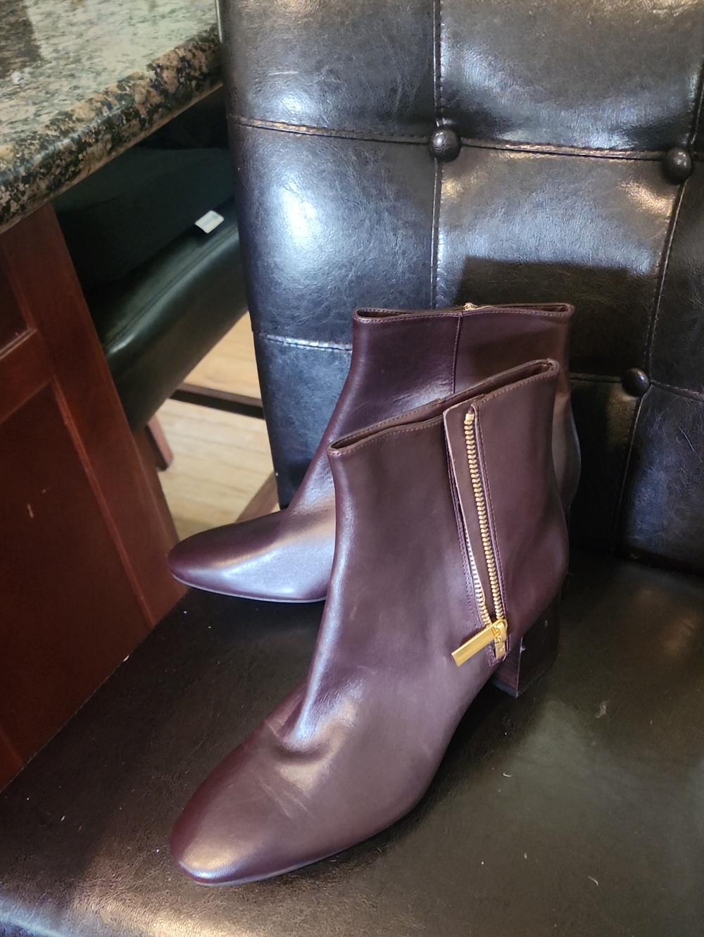 Michael Kors Dark Brown Leather Ankle Booties with Gold Zippers